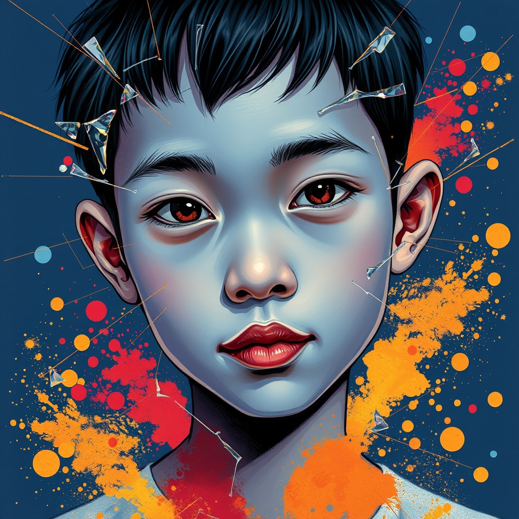 It's a Picasso-style illustration, close up, an Asian boy with blue skin surrounded by glass breakage and gold lines in a dark blue background, colorful explosion of the spillage of powder. - Image