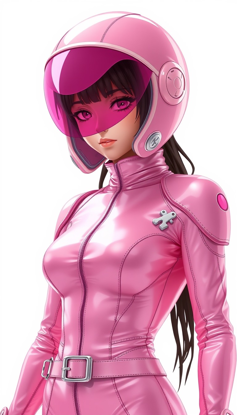 Ultra Detailed Character portrait, no helmet, Beautiful Pink space bodysuit, female, anime style, super glamorous space female pirate, Pink Clothes made of shiny vinyl, Pink space bodysuit, A view from the waist up to the head, The background is a simple white color, cute Feel like a villain, Bizarre suits like space alien designs. - Image