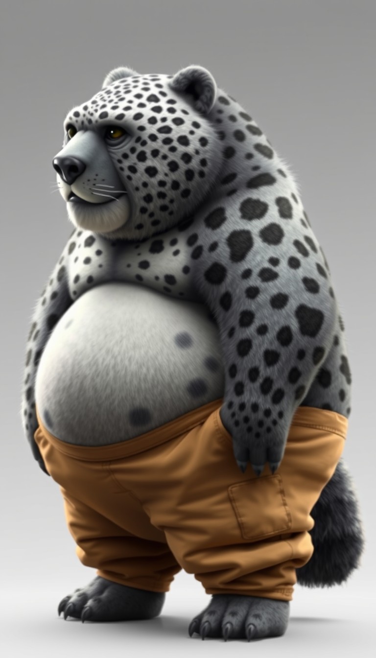 quarter view, Anthropomorphic obese gray bear leopard hybrid, blended features. gray and black fur with tan and white fur markings. he has a heavyset body. wide fat bottom. Fat wide double chins. tan obese big fat baggy cargo pants. full body. uncropped. fluffy fur. digital art, semi-realistic.