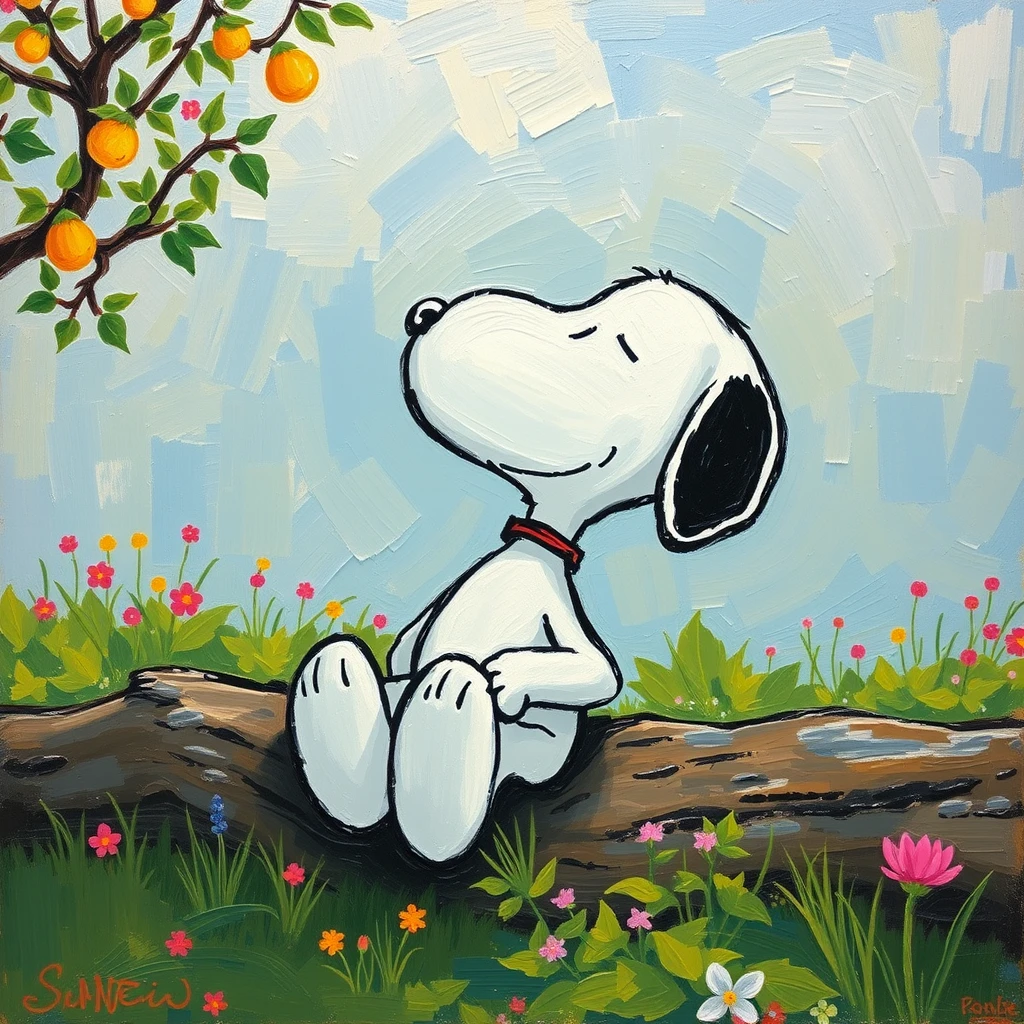 Relaxing Snoopy in the style of an Impressionist like Monet.