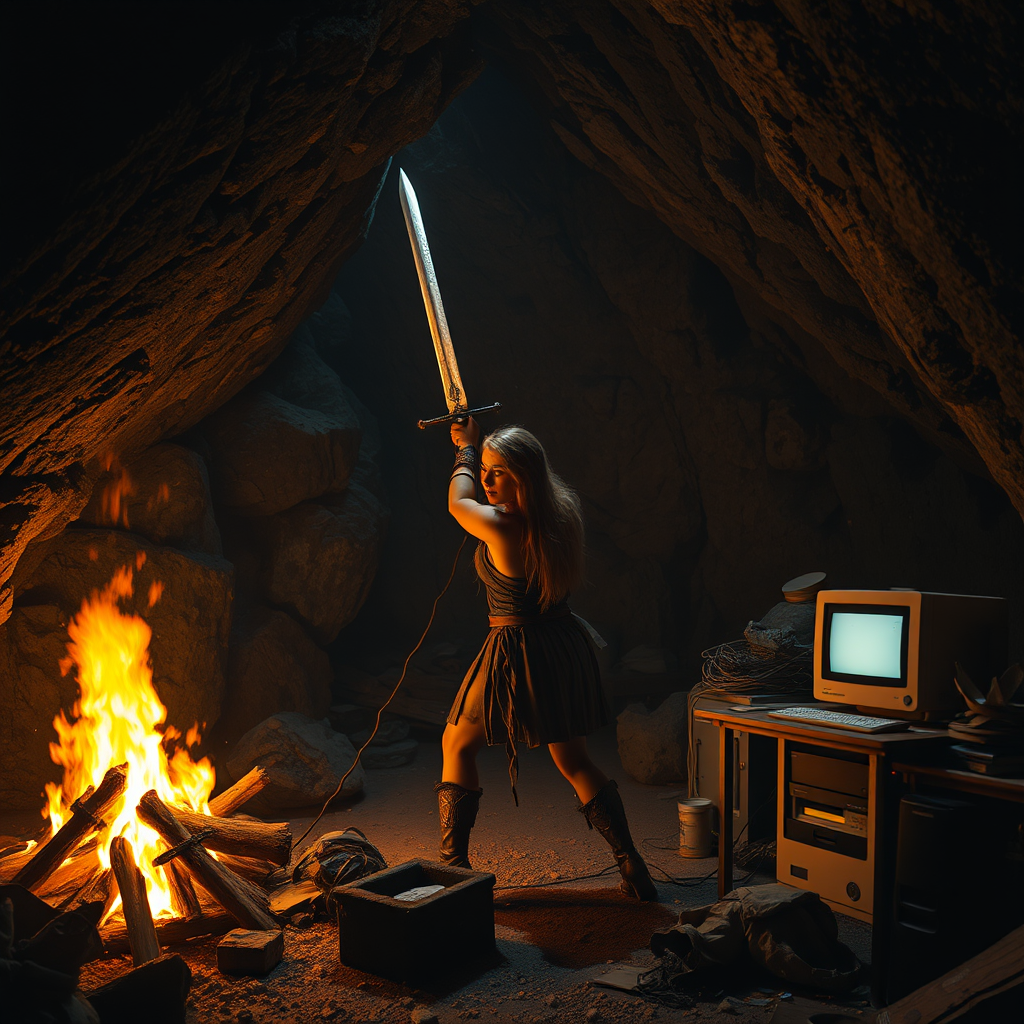 Real-life photography: At night, in the cave, there is a female barbarian using an ancient sword to stab the wall. The cave is very large, with a bonfire, a 90s desktop computer, and some messy household items. - Image