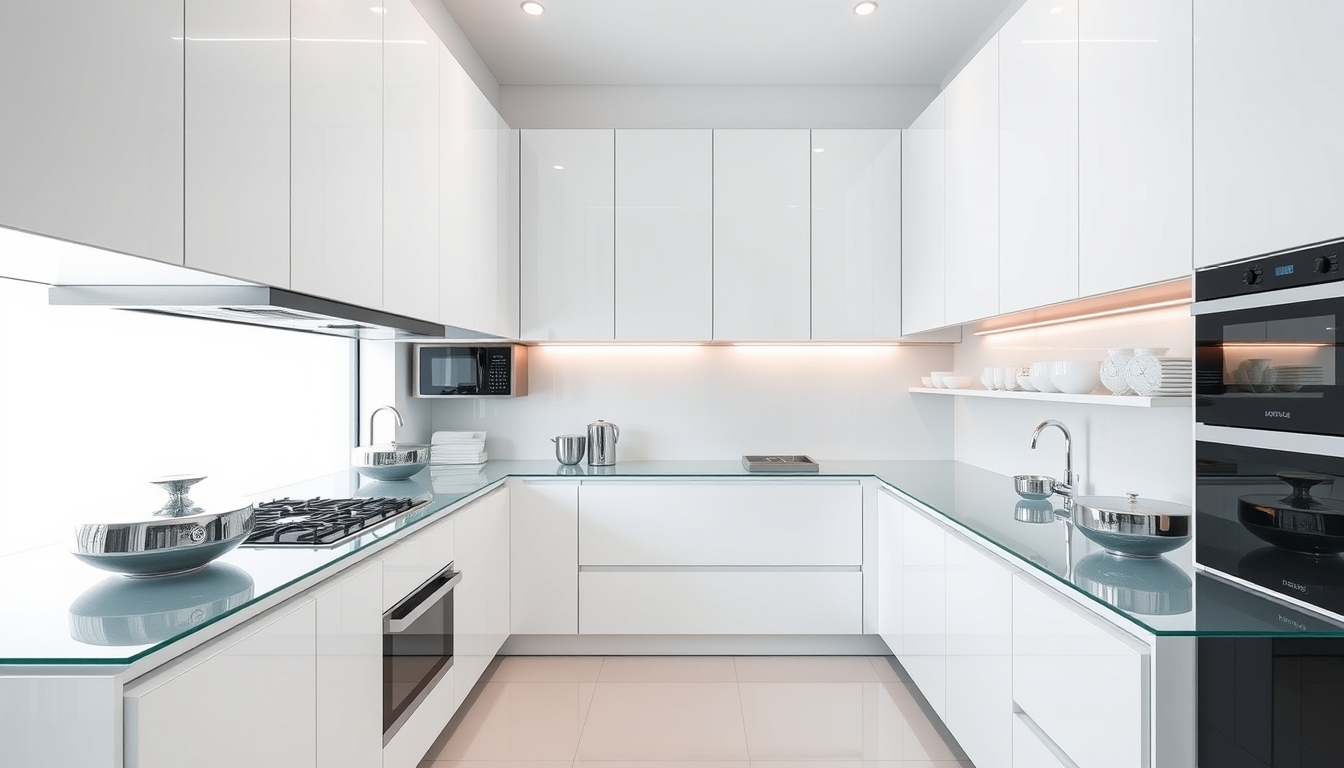 A sleek, modern kitchen with glass countertops and futuristic appliances.