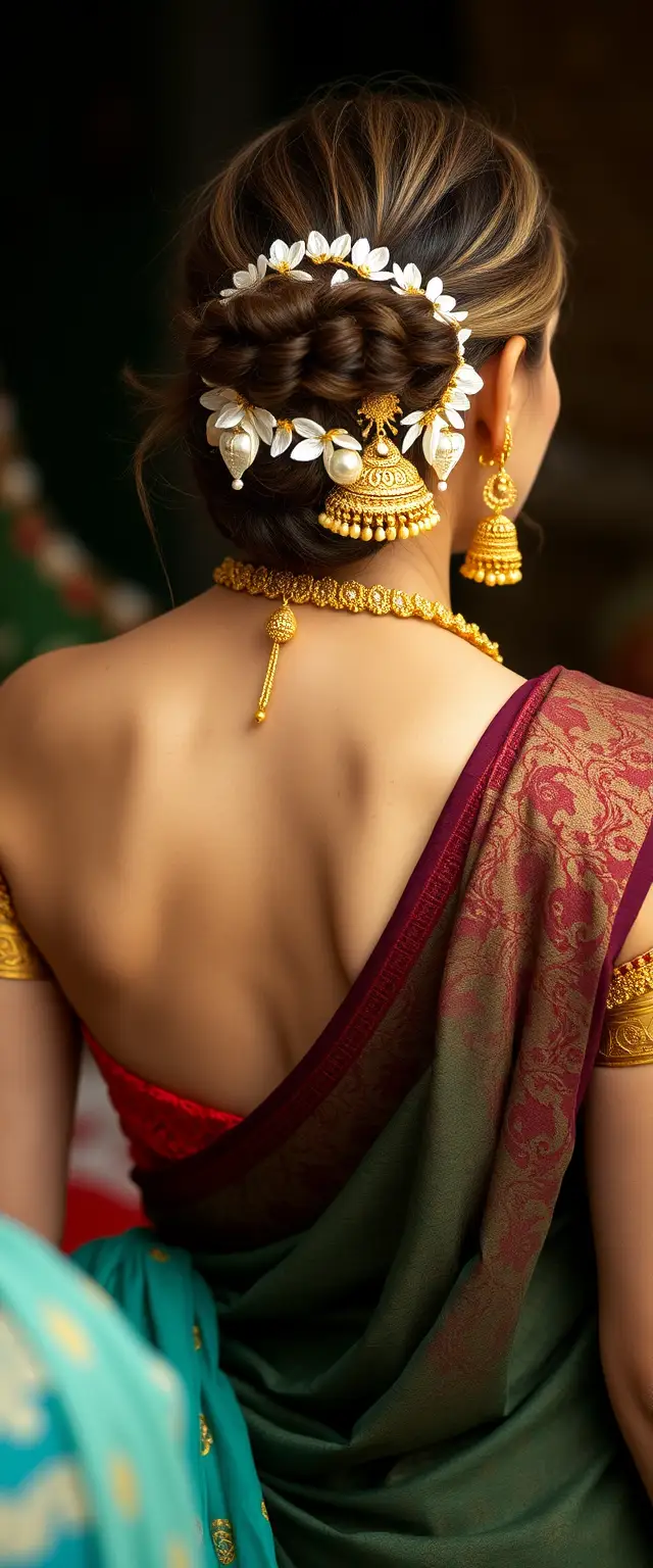 Back of white-skinned Indian busty women wearing gold ornaments.