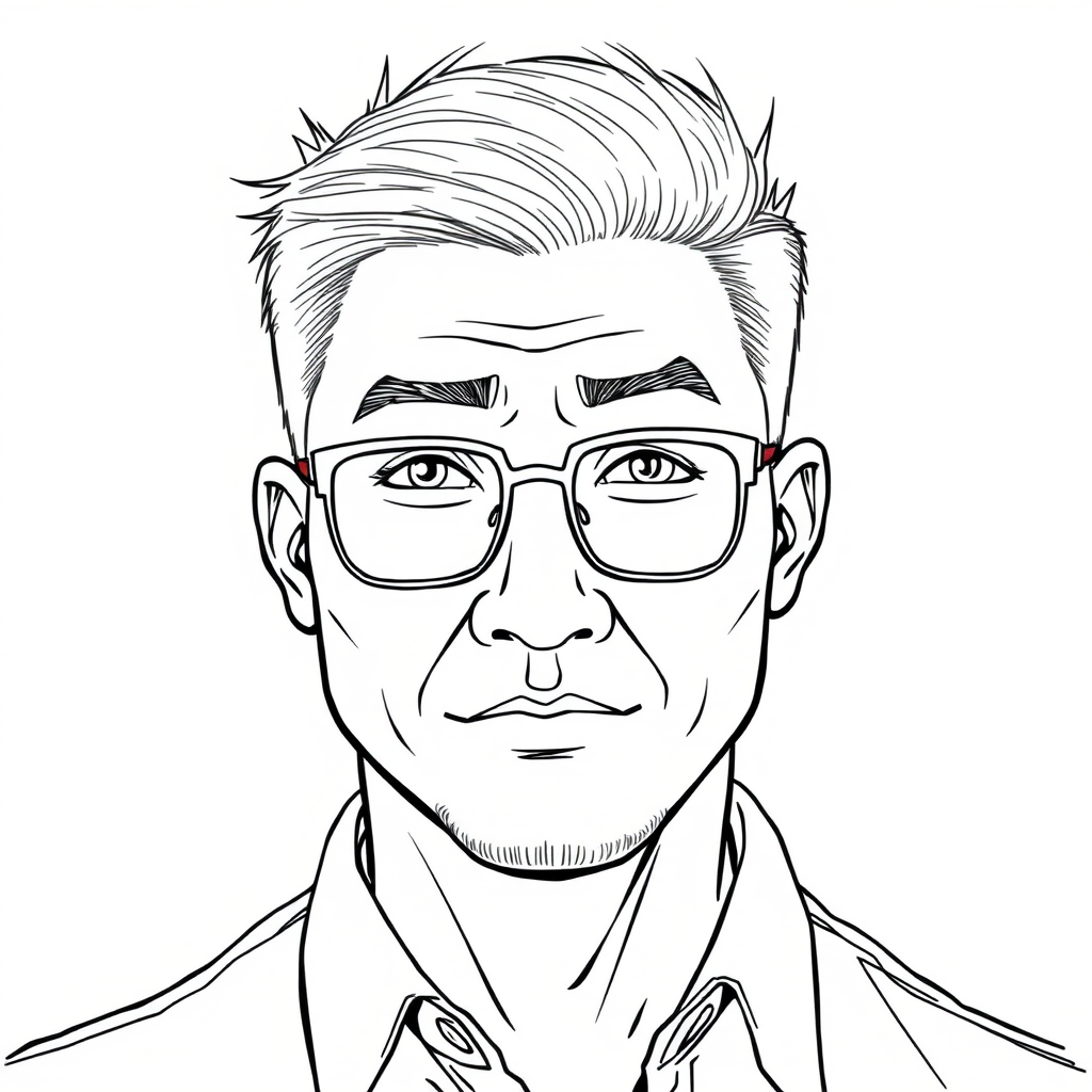 A line drawing of a man around 35 years old, with short and clean hair, a strong physique, a Chinese man wearing framed glasses for nearsightedness, a slightly short beard on the chin, and a shirt. He has a somewhat rogue charm, and his face has a lined yet full appearance.