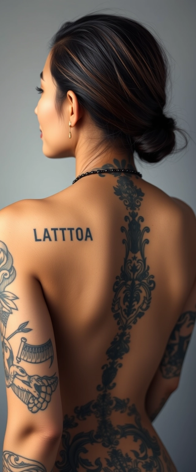 Close-up view of the back of a fair-skinned beautiful Indian-Korean woman with beautiful facial features and realistic skin and a perfect body, having her entire body heavily tattooed.