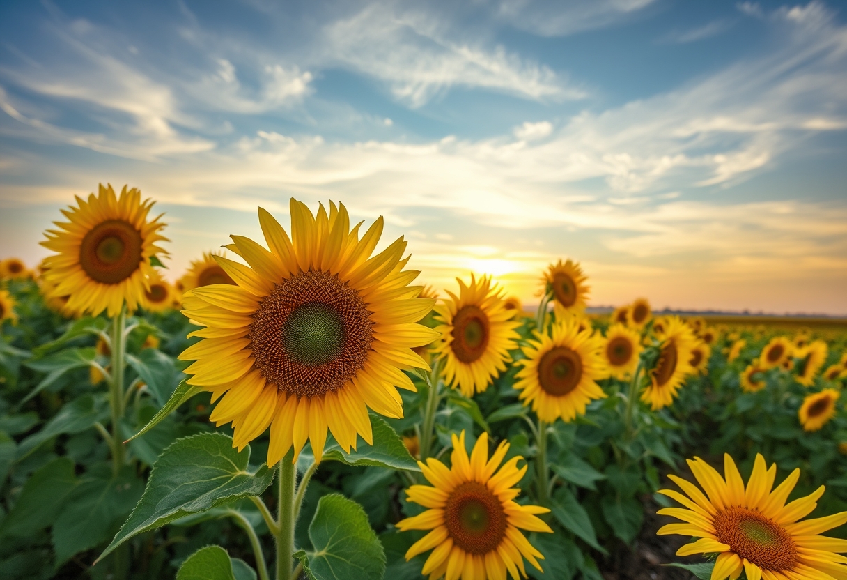 Vibrant, sunflower fields, golden blooms, high quality, photorealistic, summer, cheerful, idyllic, rural, panoramic, breathtaking, blue skies, windblown fields, sunset, floral arrangements.