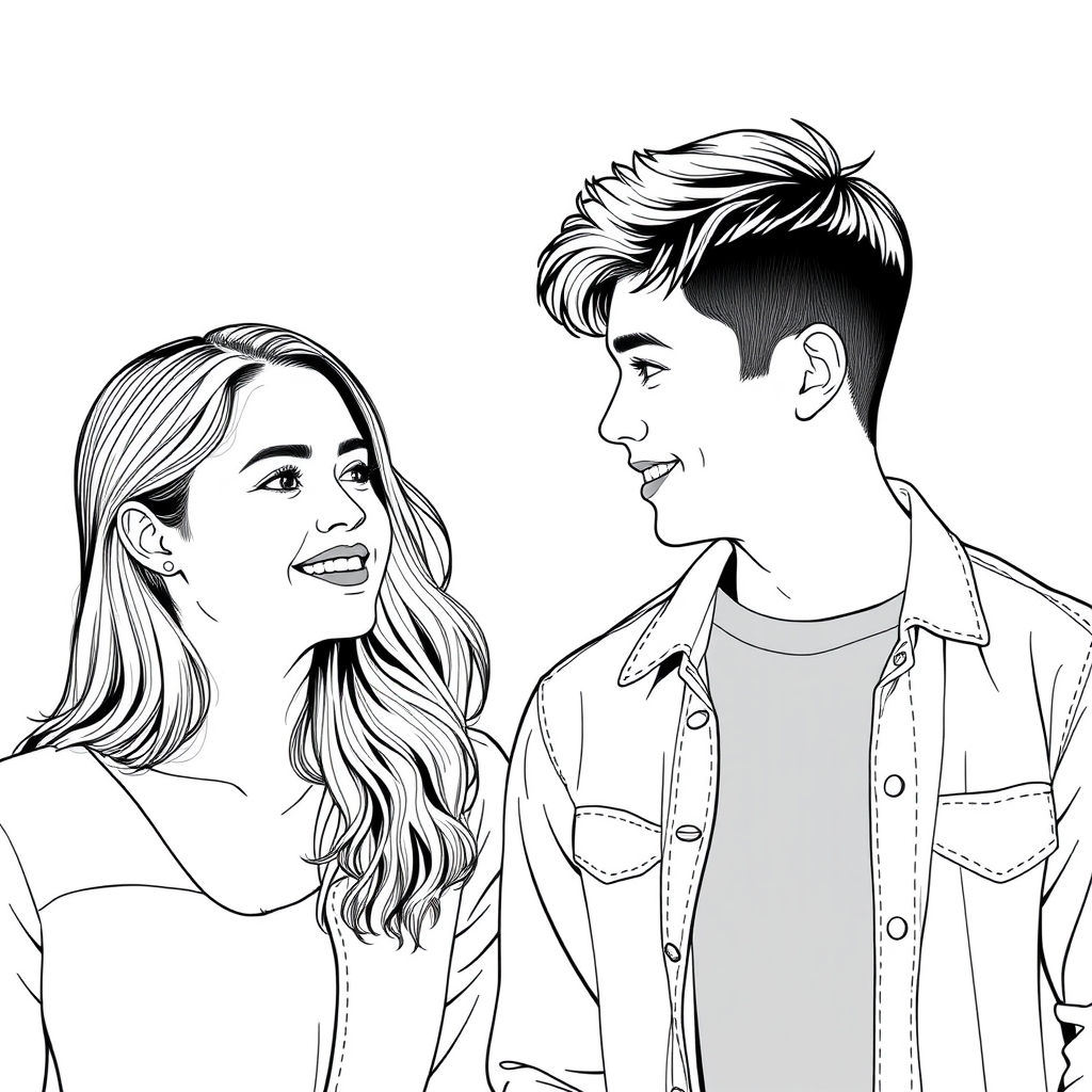 The young couple is communicating in black and white line style. - Image