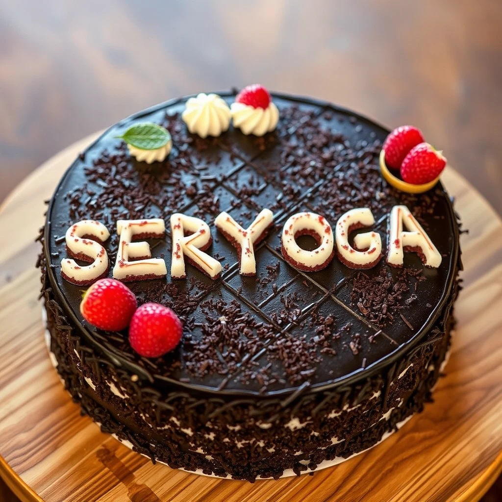 Black forest gateau cake spelling out the words “SERYOGA”, tasty, food photography, dynamic shot.