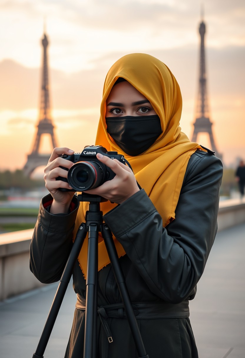 Biggest hijab yellow Muslim girl, beautiful eyes, face mask black, army leather jacket, biggest skirt, camera dslr canon, tripod, taking photos of Eiffel Tower, sunrise, morning scenery, hyper realistic, street photography. - Image