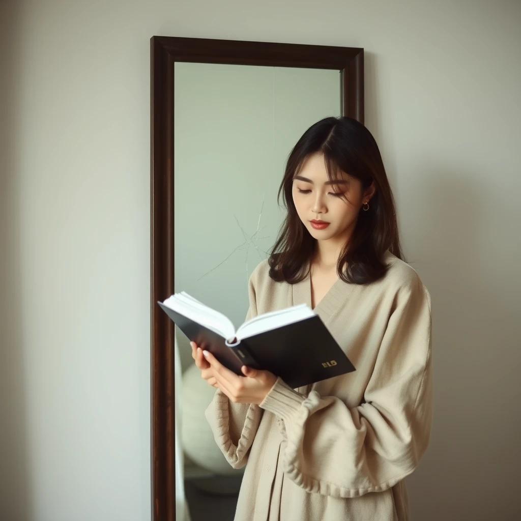 A Korean woman is reading a book and looking in a full-length mirror, which has cracks in it. - Image