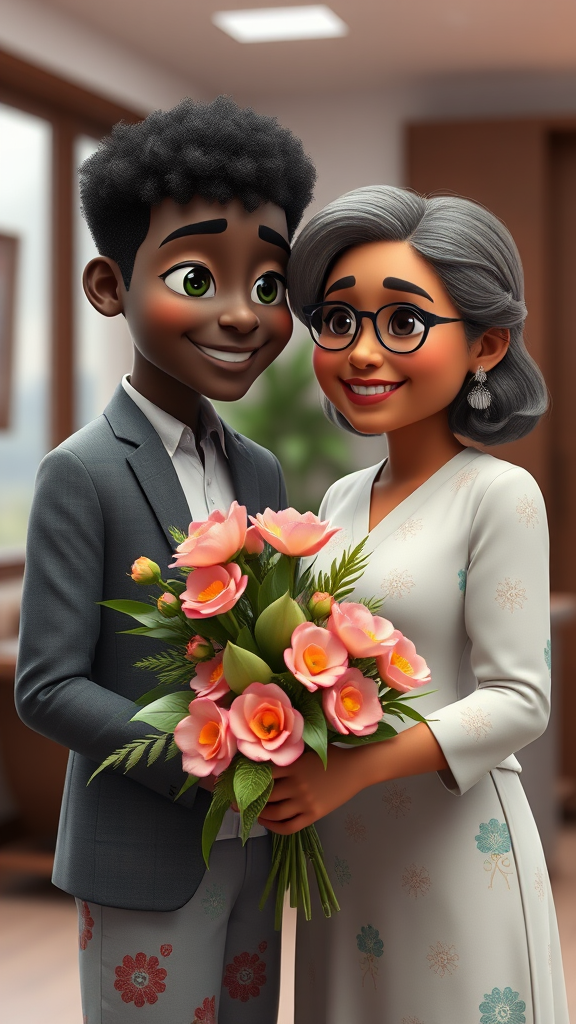 Years later, someone came to propose to me, a black-skinned girl, bringing flowers with his mother.. office 8k, 3d Pixar-style.