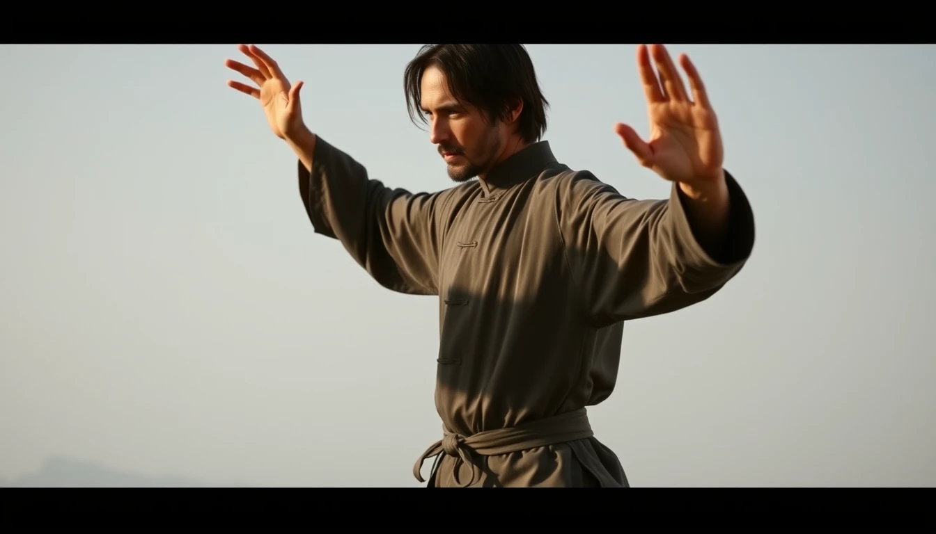 Create a cinematic photo of a young Keanu Reeves, performing Tai Chi in the White Crane Spreads Its Wings posture. He stands in a balanced and poised stance with his left hand extended upward and his right hand downward, palm facing inward, emphasizing the grace and fluidity of the movement. The background is serene and minimalistic, highlighting the intricate hand movements and overall posture of Tai Chi.