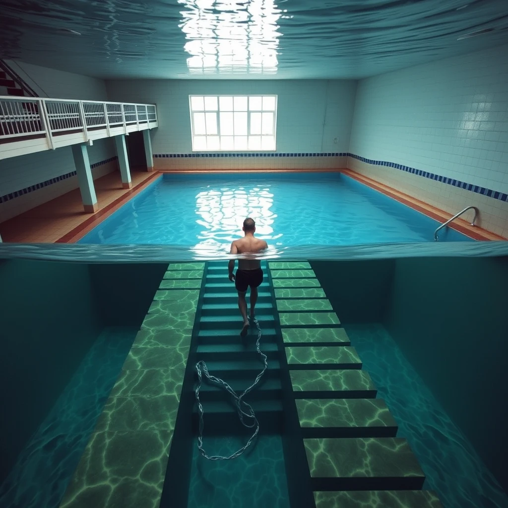 There is a strange swimming pool with steps extending from the second floor down to the pool and to the bottom of the water, where a young man is walking up the steps underwater.