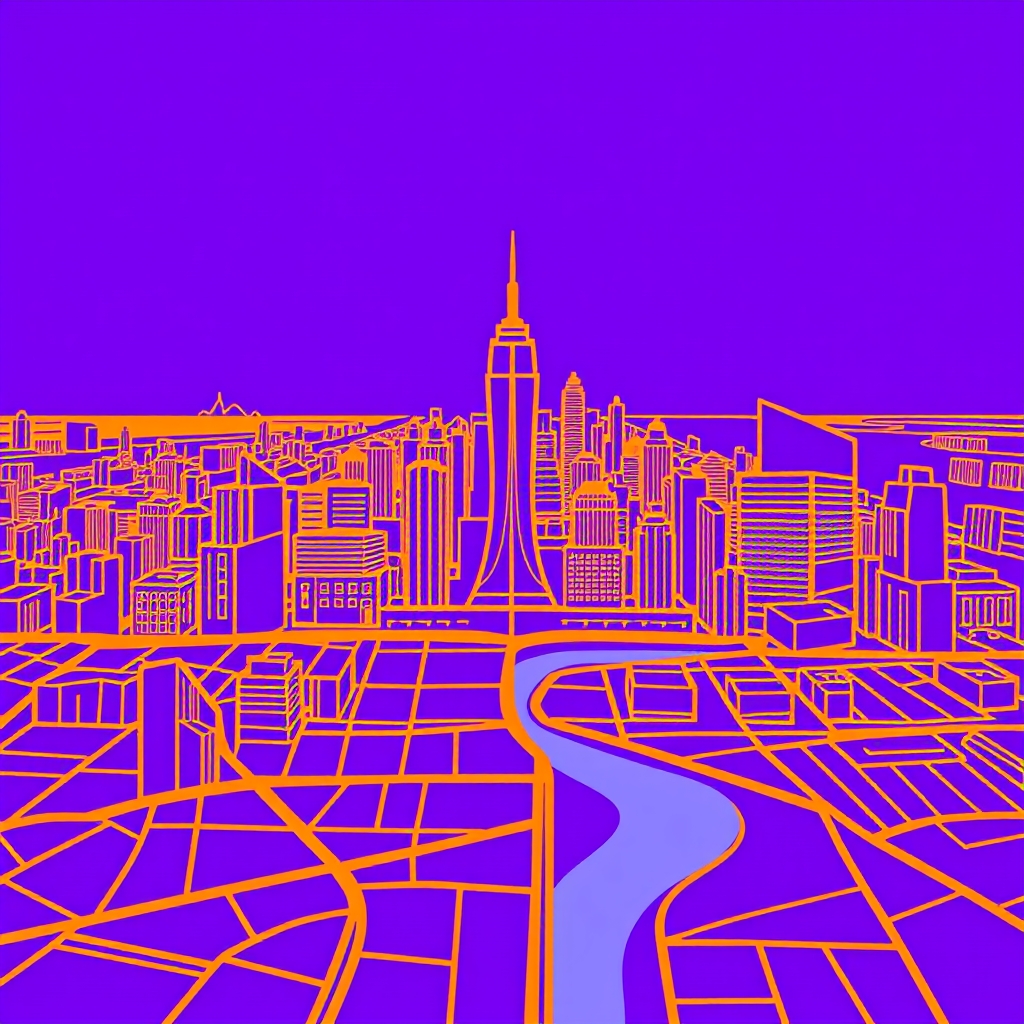 A city with a purple background and orange lines. - Image