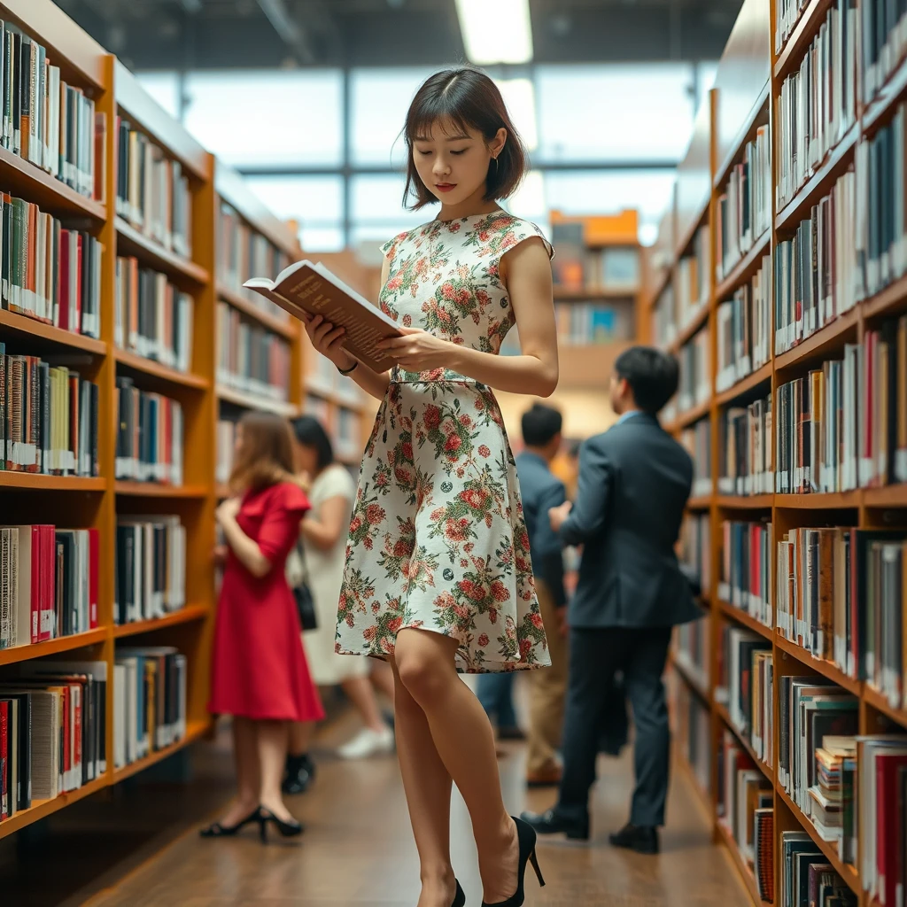 A young Japanese woman in a beautifully designed dress and black high heels, with very fair skin, looking for books in the library. There are many people in the library. - Image