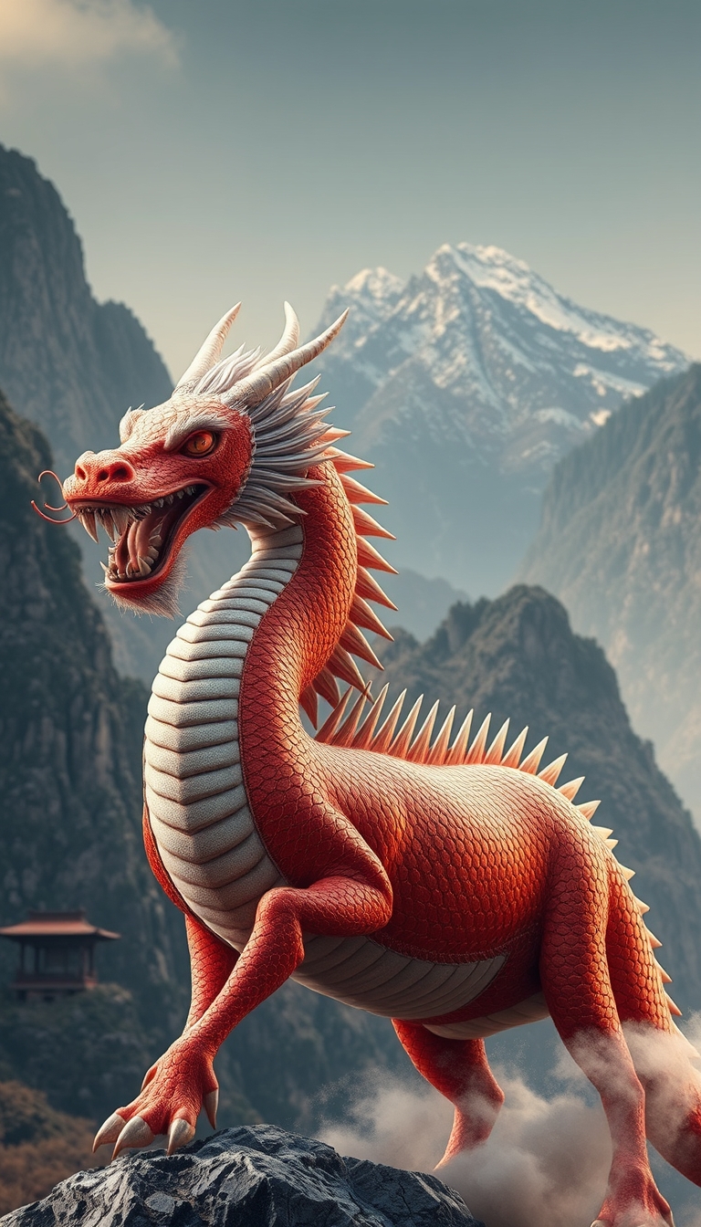 (((ultra realistic))) an oriental dragon combined with horse body, China mountain background. realistic photo. - Image