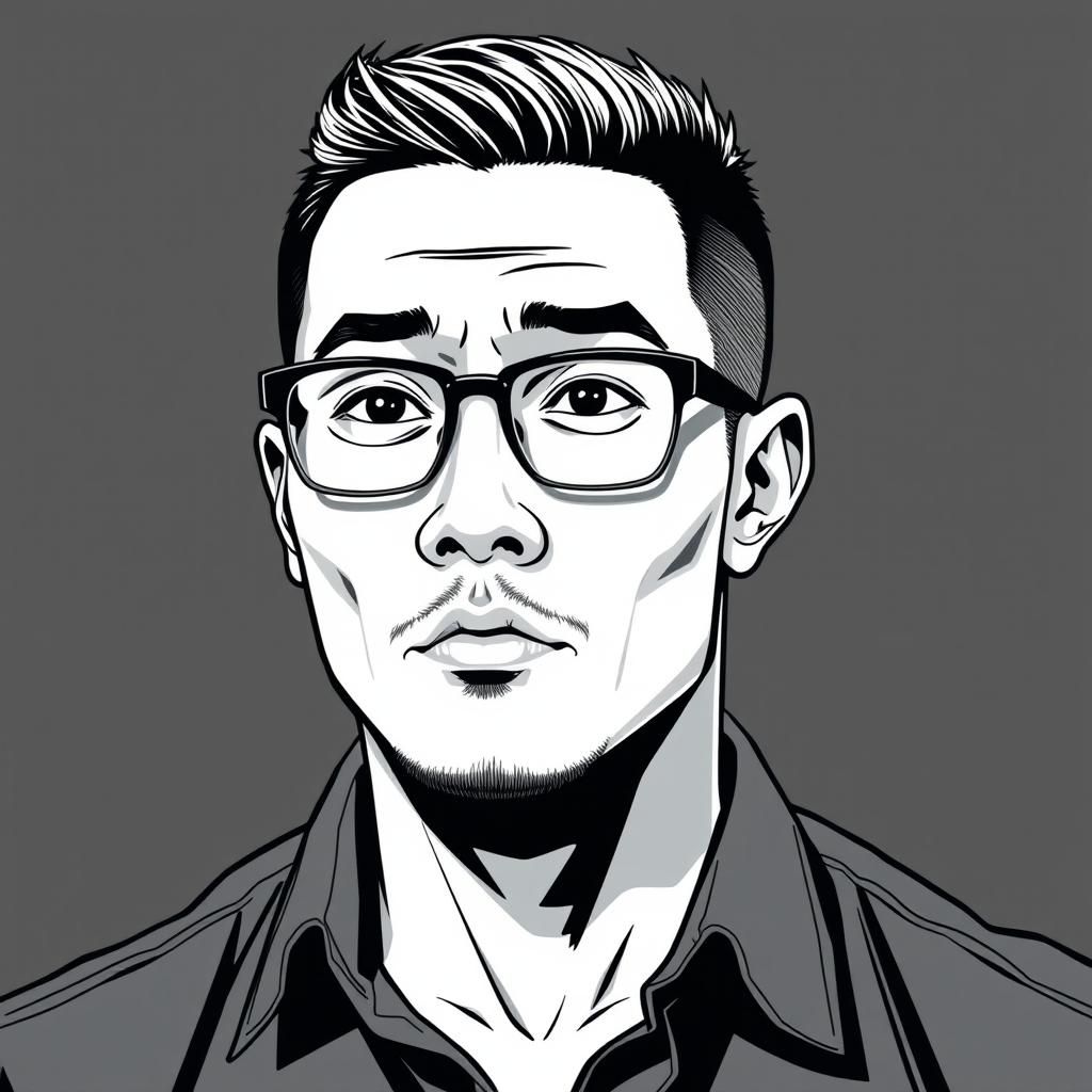 "Create a cool line art portrait of a man around 35 years old, with short crew cut hair and a robust physique. He is Asian, wearing framed glasses, has a clean-shaven upper lip and a bit of facial hair on his chin, dressed in a shirt, with a slightly rebellious demeanor, appearing thoughtful."