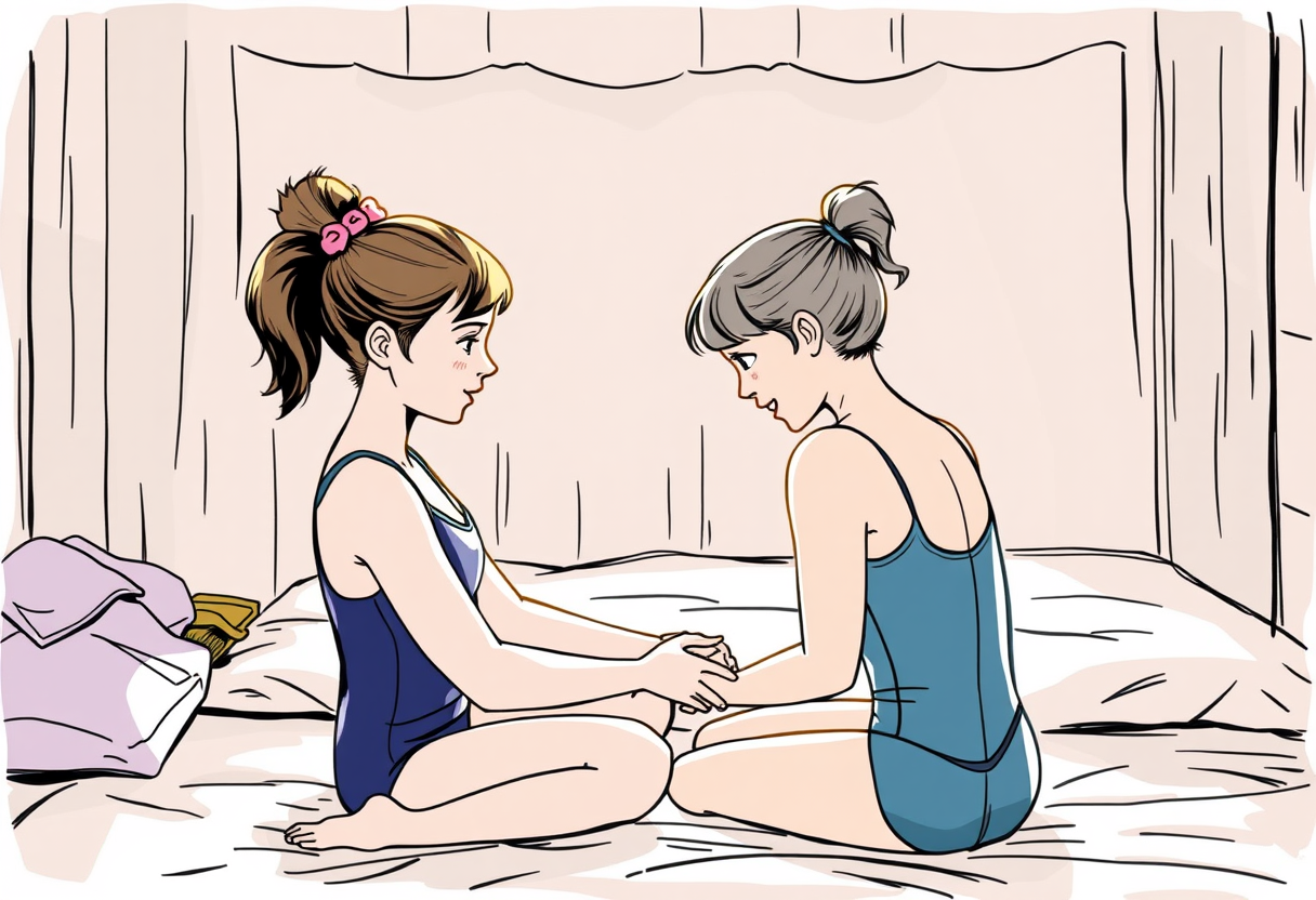 A gymnastics camper impishly helps the bunkmate she has a crush on get ready so they can both clean themselves off after practice, intimate, blossoming. - Image