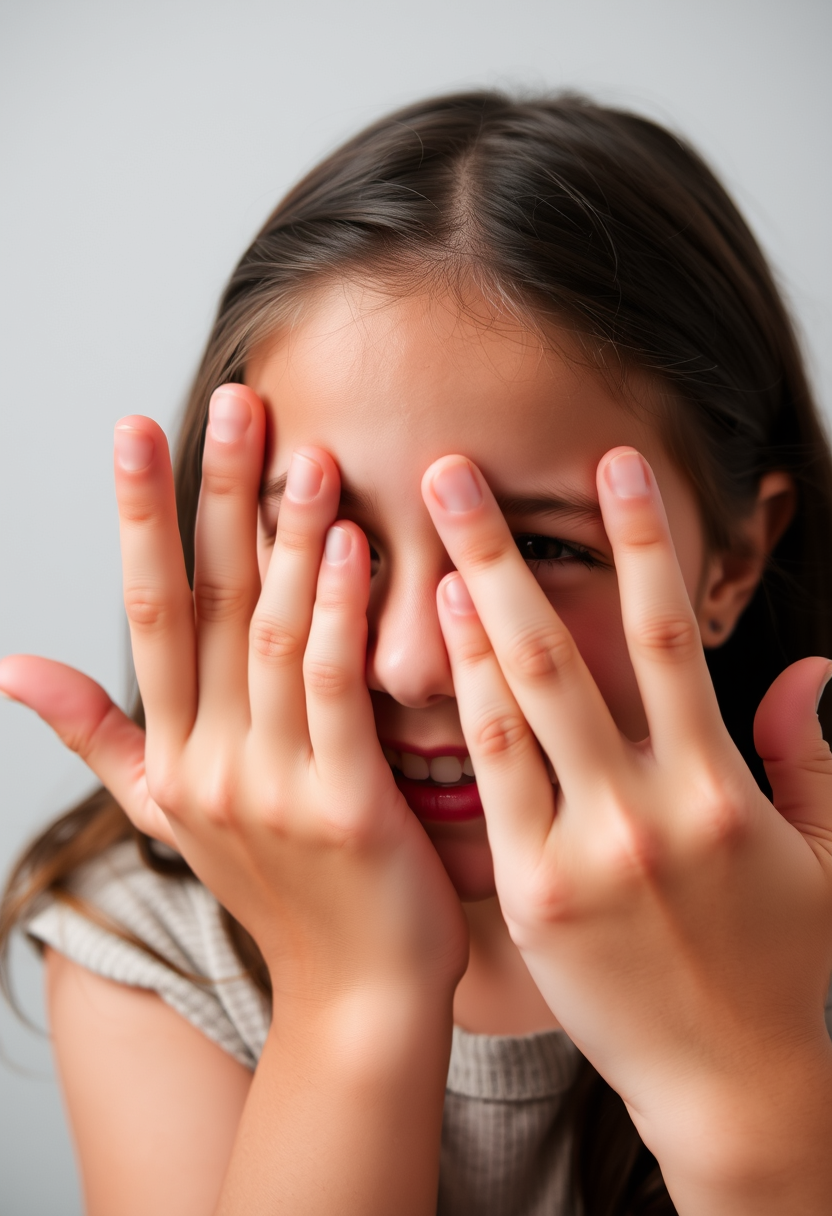 A smiling girl covering her face with her hands. 5 fingers. - Image