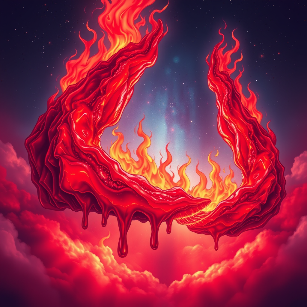 A tee shirt design of a beautiful ruby red kingdom in the clouds on fire with beautiful liquid red ruby dripping with flames. The ruby has subtle colorful embers burning in the ruby. Inside of the ruby should be reminiscent of beautiful galaxies perfectly blended with chaos. Striking and otherworldly on a transparent background, the flames should have an outline of a beautiful blue ethereal glow.