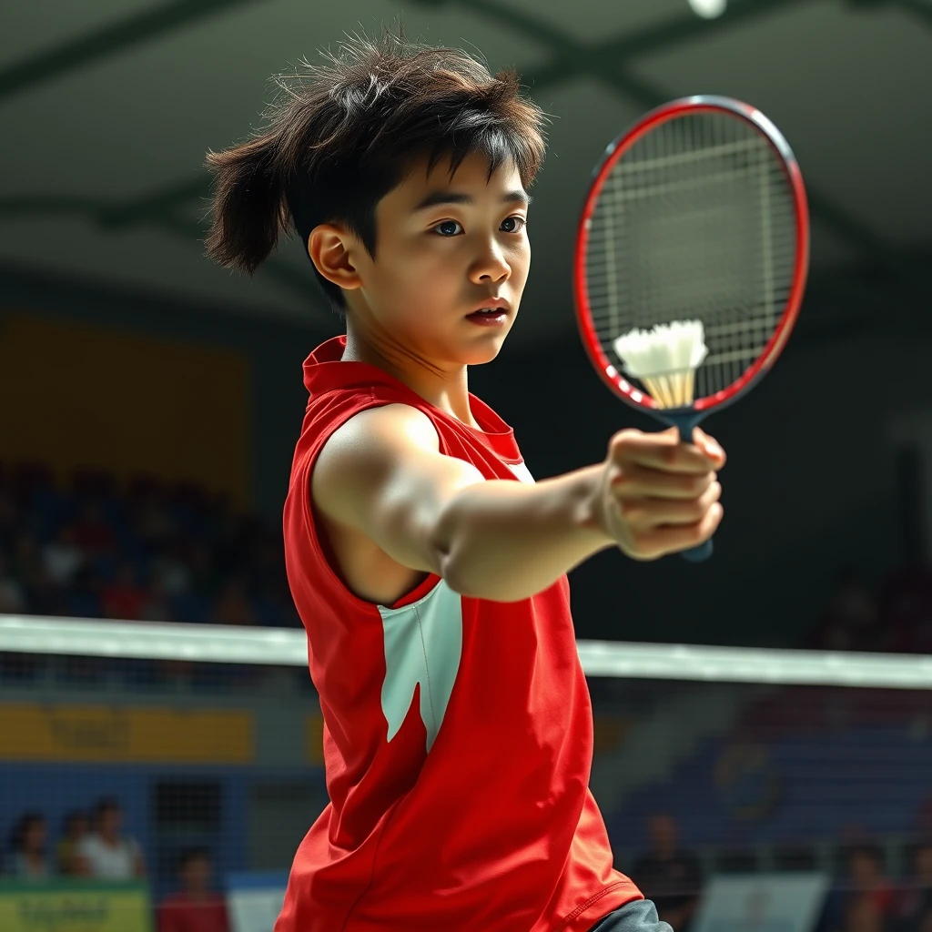 A detailed, realistic portrait of a young woman playing badminton in an indoor sports arena. The boy is wearing a bright red jersey and is mid-swing, his body in a dynamic, athletic pose as he focuses intently on the shuttlecock. The background is blurred, with glimpses of the court, net, and spectator stands visible. The lighting is natural and directional, creating shadows and highlights that accentuate the boy's features and muscular definition. The overall composition conveys a sense of energy, movement, and the intensity of the game. The image is highly detailed, with a photorealistic quality that captures the textures of the boy's clothing, skin, and the badminton equipment.