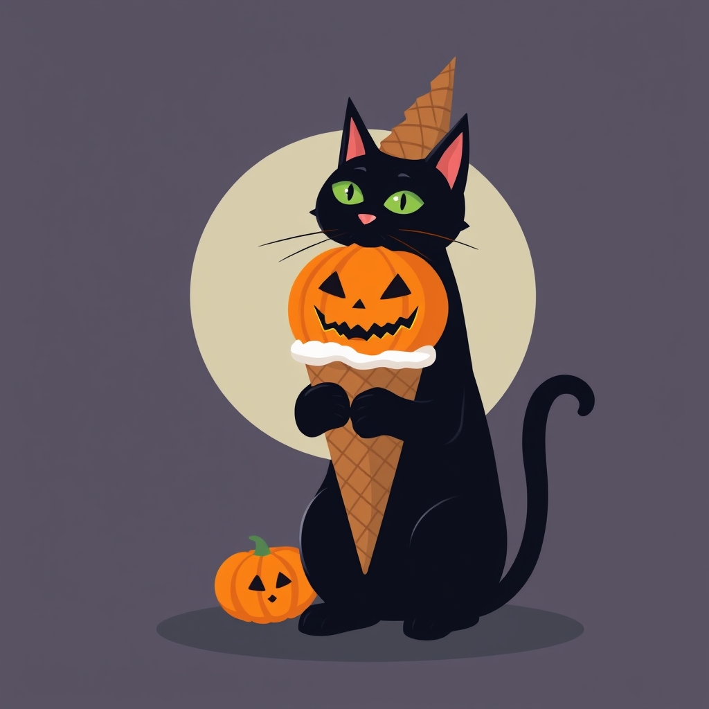 Black cat and pumpkin ice cream, Halloween vibe, flat design illustration - Image