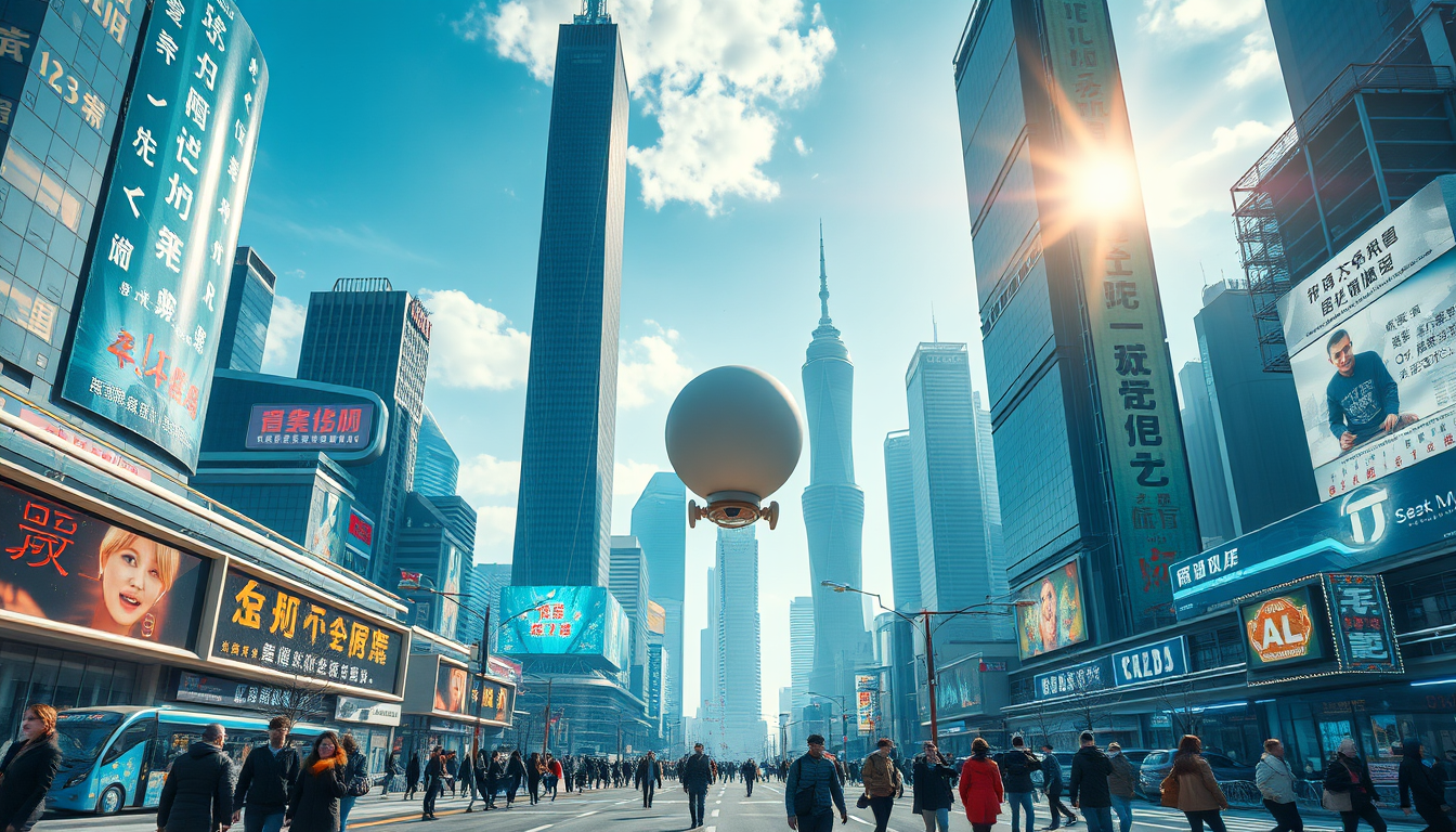 Create a stunning high-resolution image of a futuristic Shanghai city. The skyline should be filled with towering skyscrapers adorned with neon lights and holographic adverts, with a handful of hidden Chinese characters. Include a light-colored balloon-type robot hurtling through the air, flanked by tiny black balancers. The streets should be bustling with people wearing fashion-forward styles. Highlight the small balloon-type robot performing its rounds in the sky, and the beautiful sunlight reflecting on the glass surfaces of the buildings, creating an atmosphere of excitement and innovation.