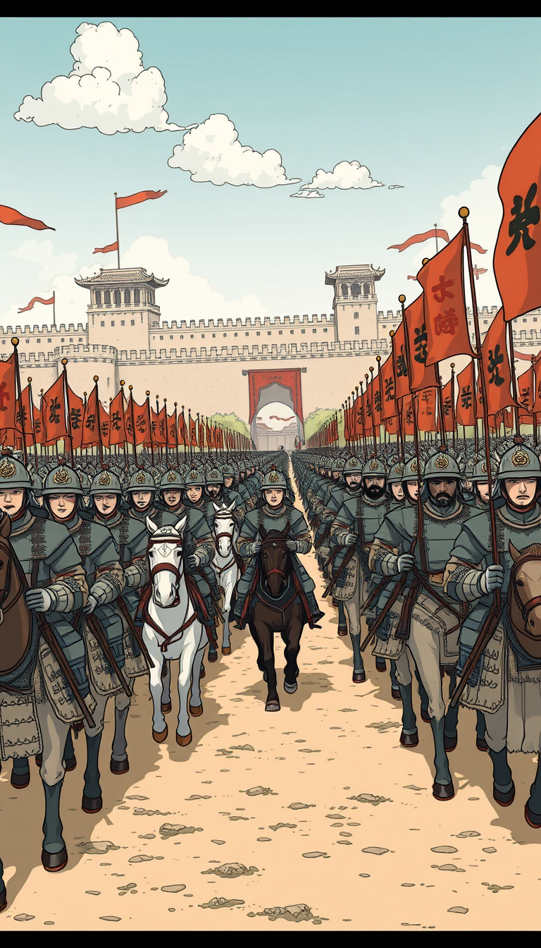 A neatly arranged ancient army is setting out, with soldiers dressed in Song Dynasty armor and riding horses. The background features grand city walls and fluttering banners, with a few white clouds floating in the sky. The scene is depicted in a manga style. - Image