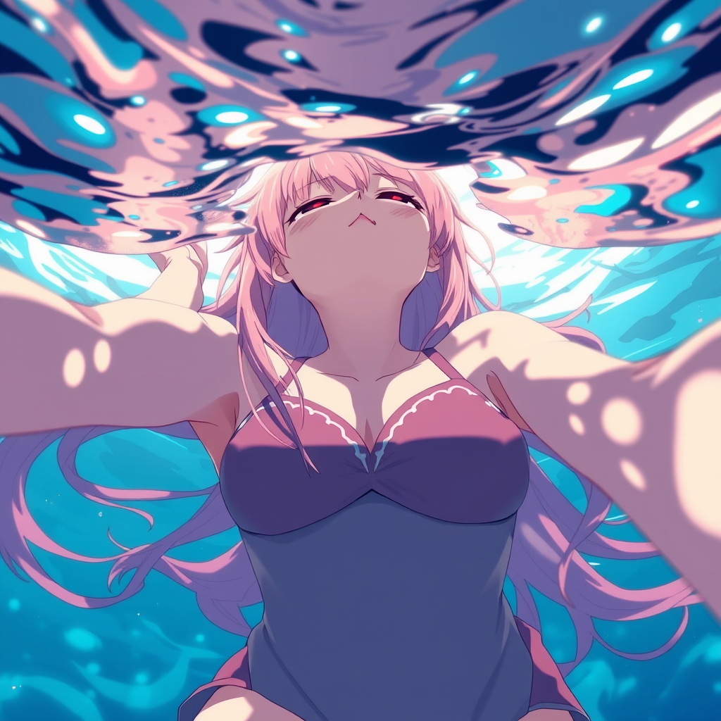 Anime art of a motherly woman, from below, pink hair, school swimsuit, detailed scene, underwater, stunning details, trending on ArtStation, anime artwork, anime cel shading, detailed soft shadows.