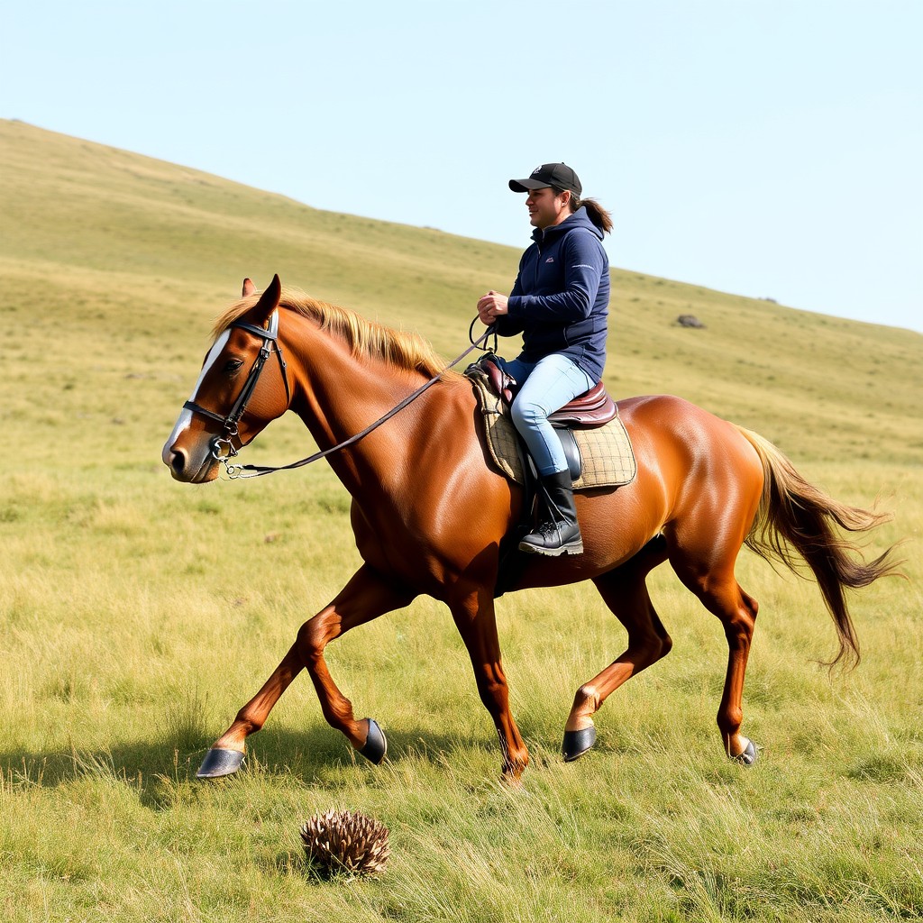 A person is riding a horse and galloping on the grassland. - Image