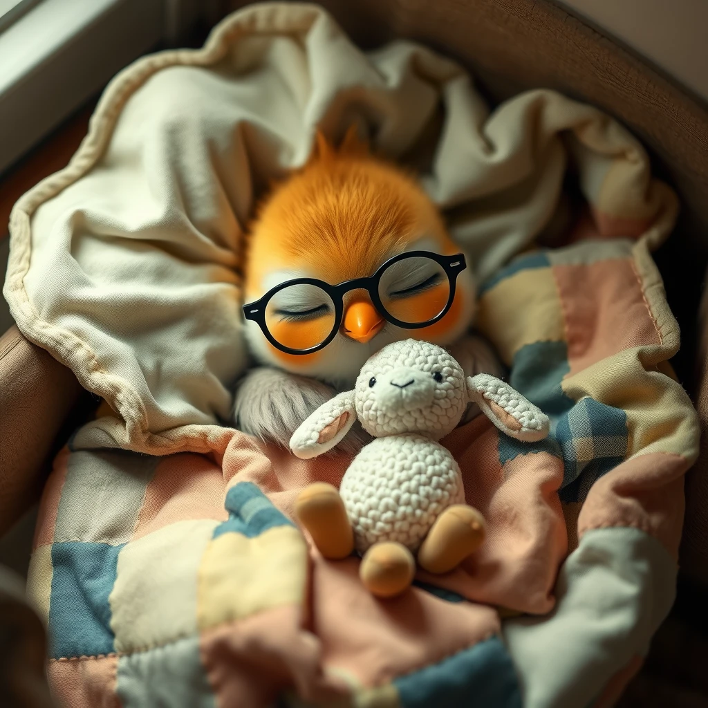 Sweet and tender little bird with glasses sleeping in its little bed with patchwork blankets, hugging a tiny cute stuffed lamb. - Image