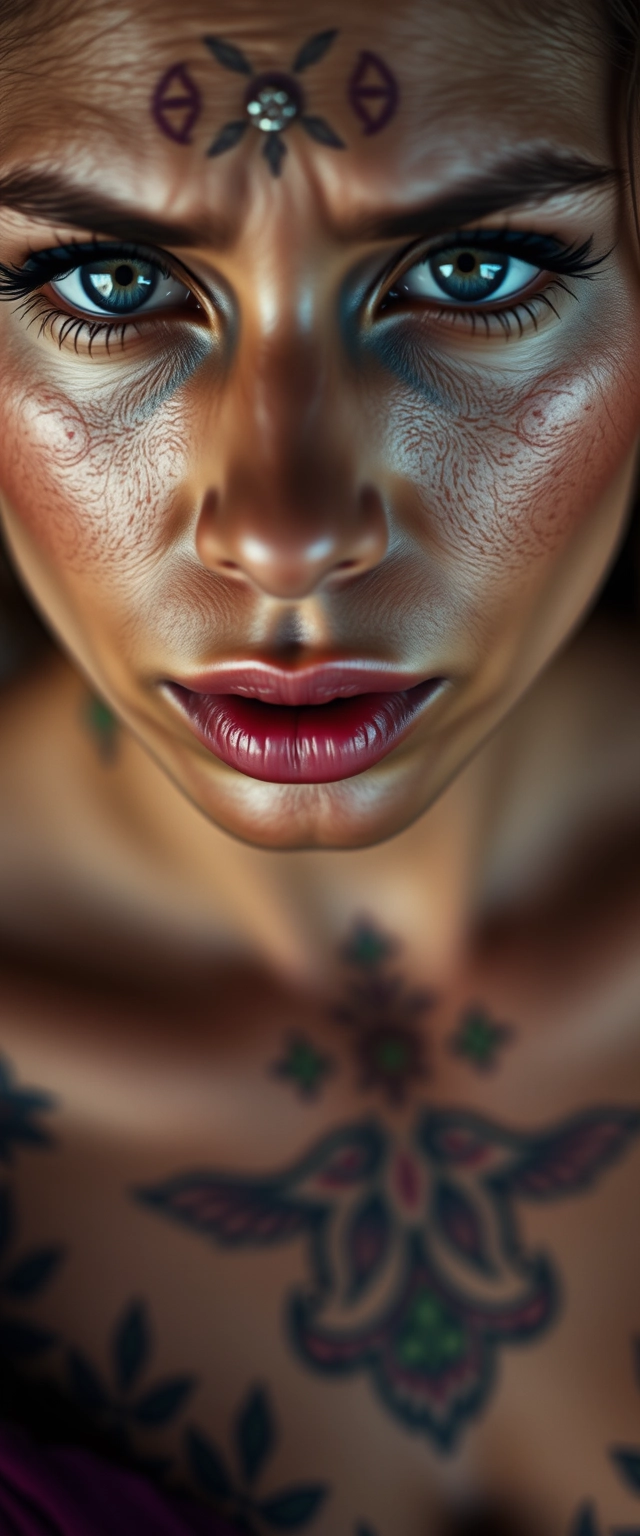 Close-up chest shot of a fair-skinned beautiful Indian woman with stunning facial features and hypnotizing gray eyes, showcasing face, chest, and neck tattoos and a crying expression.