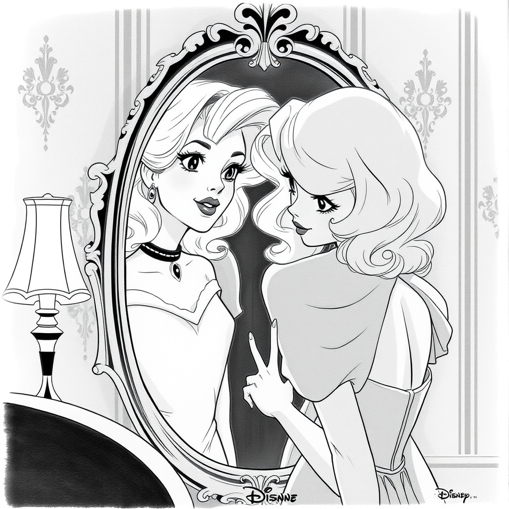 Victorian blonde crosses the mirror. Black and white illustration by Glen Keane, ArtStation, Disney 1990.