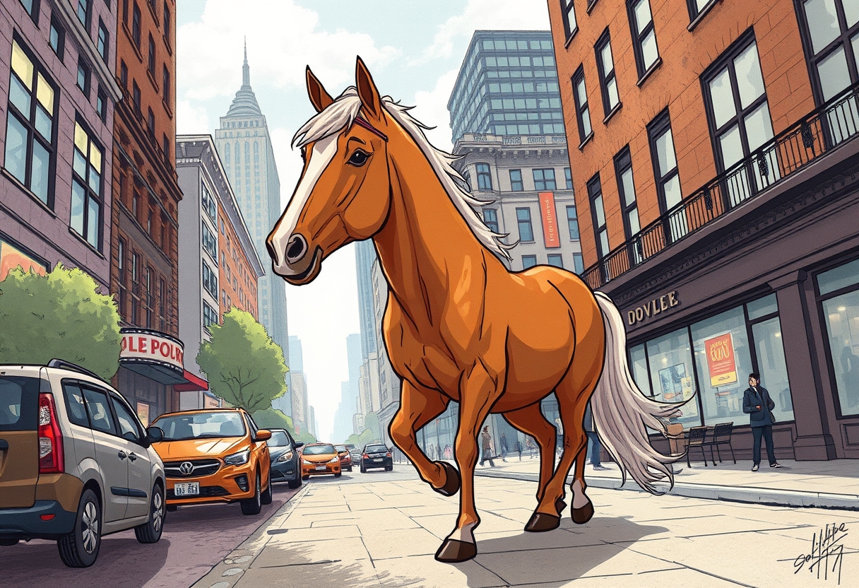 A horse in the city, illustration - Image