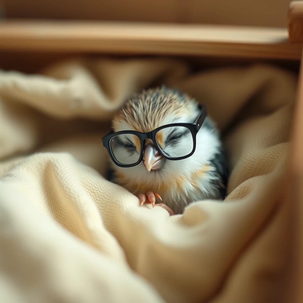 Sweet little bird with glasses sleeping in its little bed. - Image