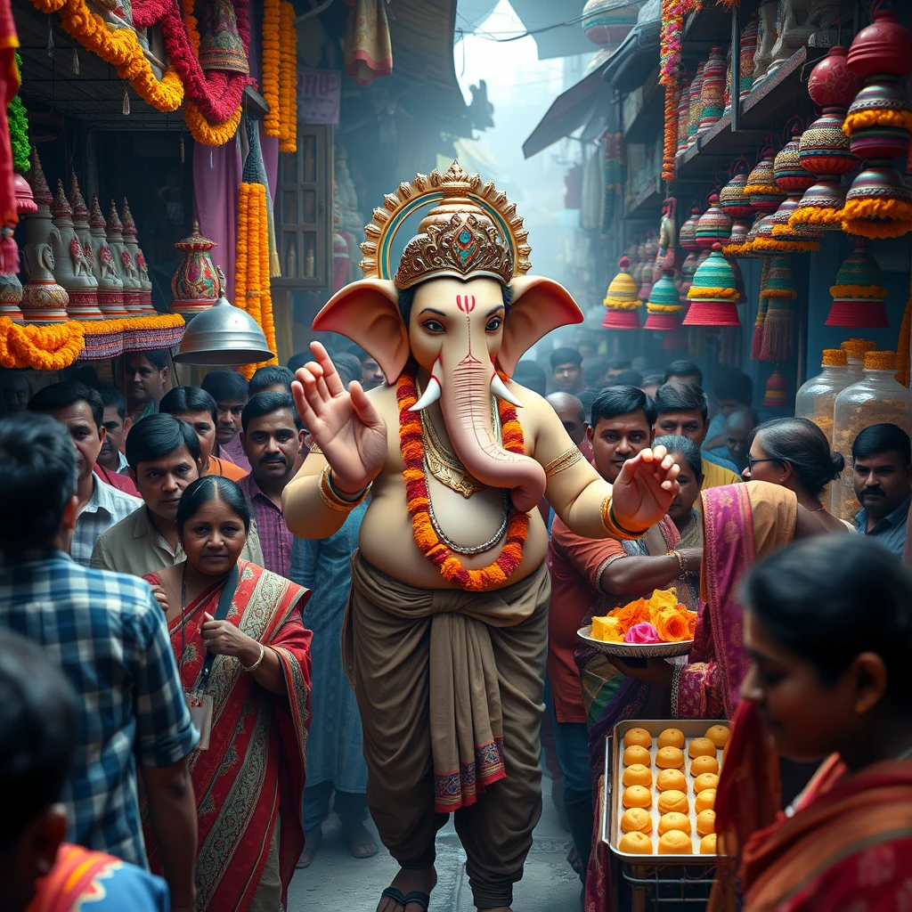 Create a 4K image using Unreal Engine, depicting Lord Ganesha as a real human god in the midst of a dense, bustling Indian market. Ganesha should be the same height as the surrounding people, blending seamlessly into the crowd, yet his divine presence subtly stands out. He is dressed in a blend of traditional dhoti and modern attire, with his human-like features reflecting a calm and joyful demeanor.

The market is alive with vibrant stalls selling marigold garlands, clay idols, sweets, and colorful decorations. The air carries a hint of dust, adding a layer of realism to the scene. People around him are frozen in a moment of surprise and awe, some smiling, others wide-eyed as they recognize the god among them. The vibrant colors of the market, the rich textures, and the interplay of light and shadow should be rendered in stunning detail, capturing the essence of an authentic Indian market with a touch of the divine.

Include subtle details like Ganesha reaching out for fresh flowers, examining the finest modaks, while the vendors and shoppers are caught off guard, their expressions a mix of reverence and disbelief. The overall atmosphere should be a blend of the divine and the everyday, creating a captivating and immersive scene. people looking at ganesha. - Image