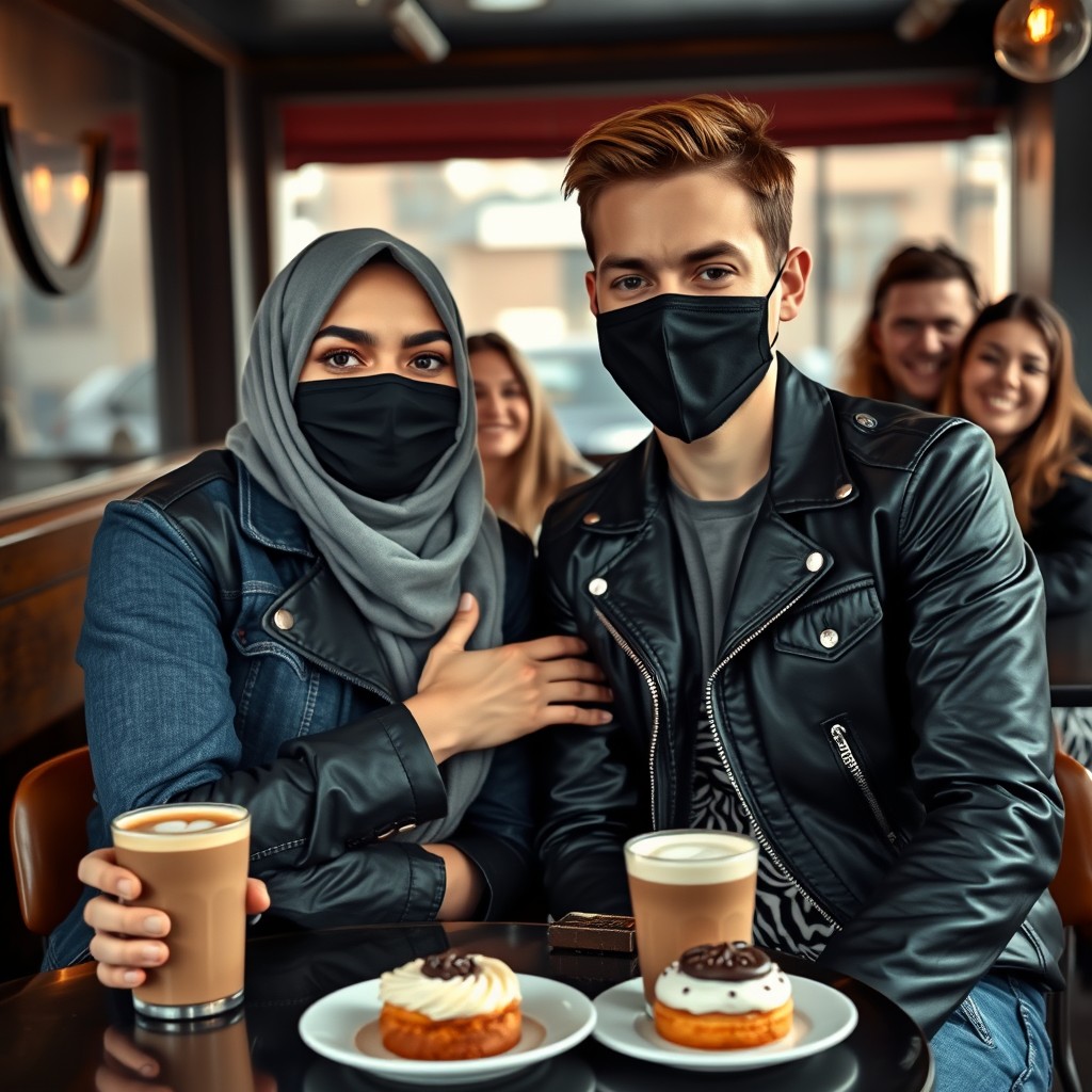 Jamie Dornan's head and body shot, handsome, black face mask, blue jeans jacket, jeans, dating a Muslim girl in a grey hijab with beautiful eyes, black face mask, black leather jacket, the biggest zebra pattern skirt, at a cafe, 2 cups of latte, muffin cake, chocolate donut on a table, with 3 other friends smiling in the back, photorealistic, hyper-realistic, street photography, selfie.