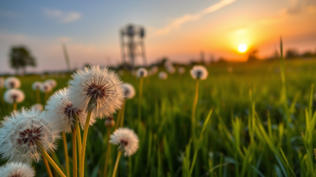 a field of dandelions in the sunset with the sun setting in the background, by Andrew Domachowski, art photography, dandelions, award winning nature photo, dandelion, the brilliant dawn on the meadow, weeds and grass, sunny meadow