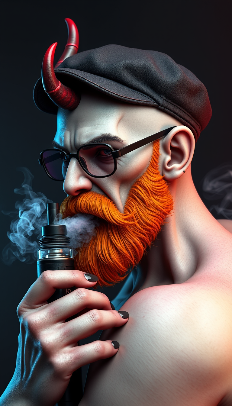 Three-quarter view of a sinister, bald human male with necromancer lich features. Demonic horns, short fiery ginger beard contrasts with dark eyebrows. Wears a weathered flatcap and aviator glasses. Clutches a sleek vapemod, exhaling dense, swirling vapor clouds. Vibrant e-liquid drips off his pale skin, creating a colorful aura. 3D render. - Image