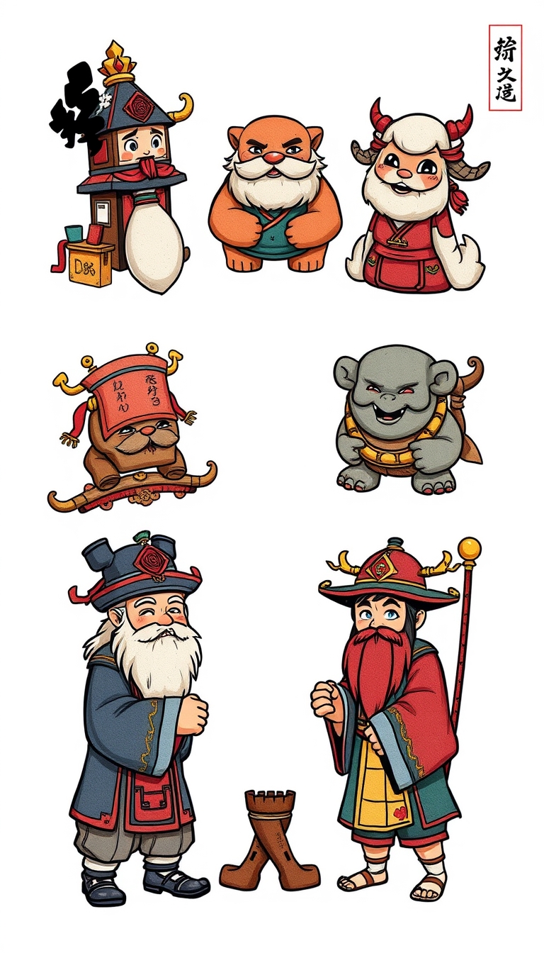 A set of game feature icons, Chinese Ancient style, realistic style, colorful ink wash paintings, detailed coloring, hand coloring bold outline, cute. The image is in 8K resolution, flat comic sketch style, with a graphic novel aesthetic, 2D effects, and muted tones. - Image