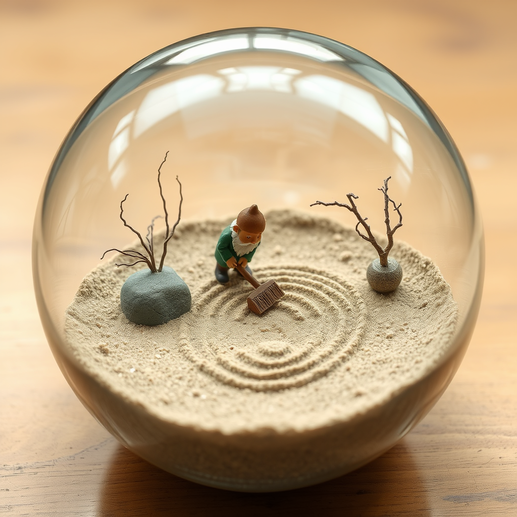 A close up view of a glass sphere that has a zen garden within it. There is a small dwarf in the sphere who is raking the zen garden and creating patterns in the sand. - Image