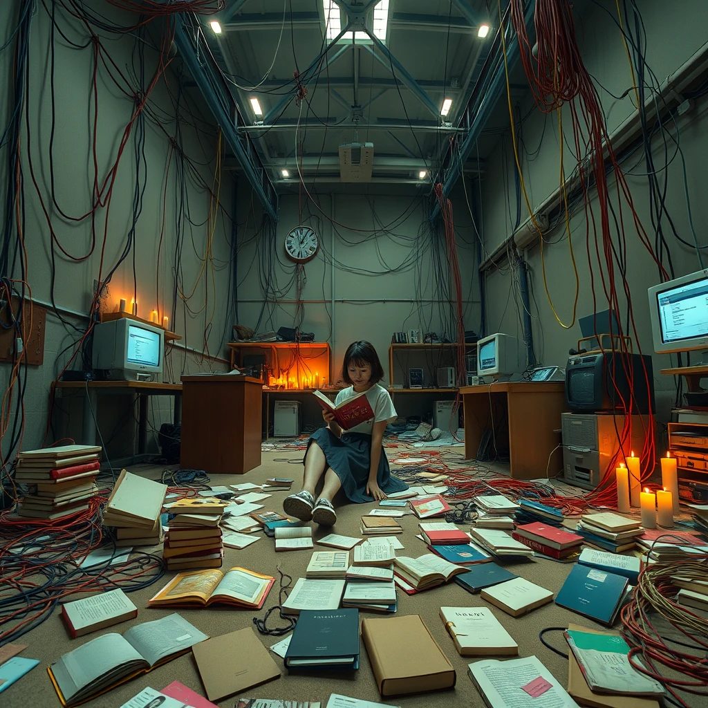 A real-life photograph, wide shot, of a Japanese female student in a skirt sitting in one corner of a large hall, where some books are scattered messily, and many wires of varying thicknesses are on the floor and in the air, including red, blue, yellow, and other colors. There are some computer screens as well. The lighting is dim, with some candles lit. She is sitting and reading a book.