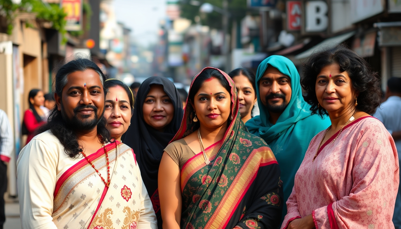 A group portrait of diverse individuals in traditional clothing, standing together in a vibrant, multicultural urban setting.