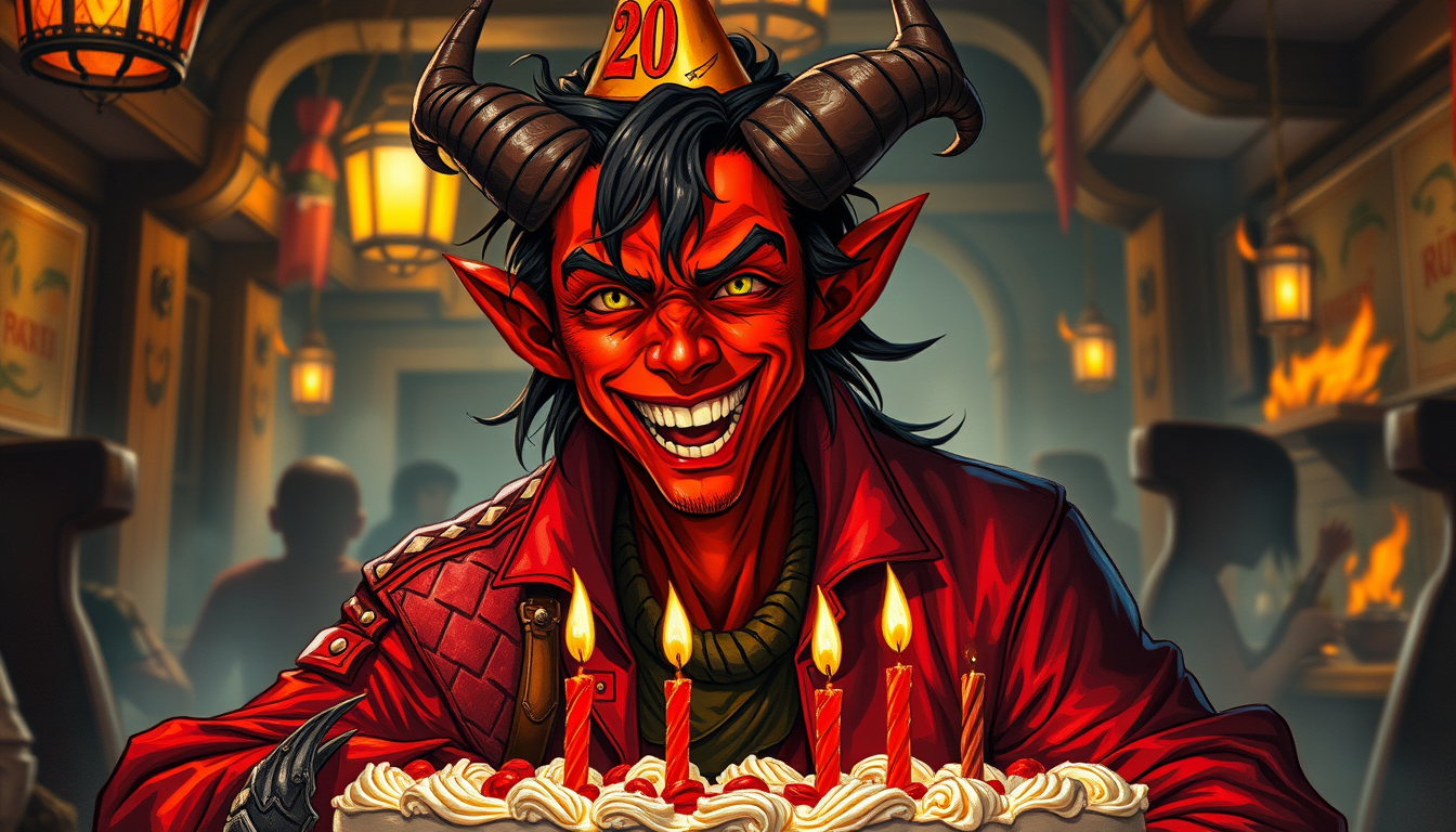 Fantasy hero, male tiefling 20 years old, red skin color, horns, black hair, laughing, birthday cake in front of him, in a red jacket, fantasy adventurer's clothes, in a tavern, young face, yellow eyes, birthday cap on his head, detailed clothing, color blocks and dramatic lines to create a strong visual impact, vixip, far view team shot, by Yoshiyuki Sadamoto, Yoko Taro, oil painting. Blood, fight, attack, fire, punch, fist. Hand drawing illustration, highly detailed. Perfect composition. By sum. - Image