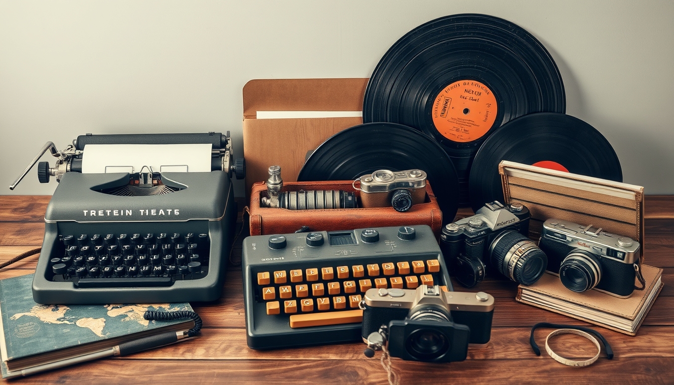 A nostalgic still life of old-fashioned items like a typewriter, vinyl records, and vintage cameras, arranged artfully on a wooden surface. - Image