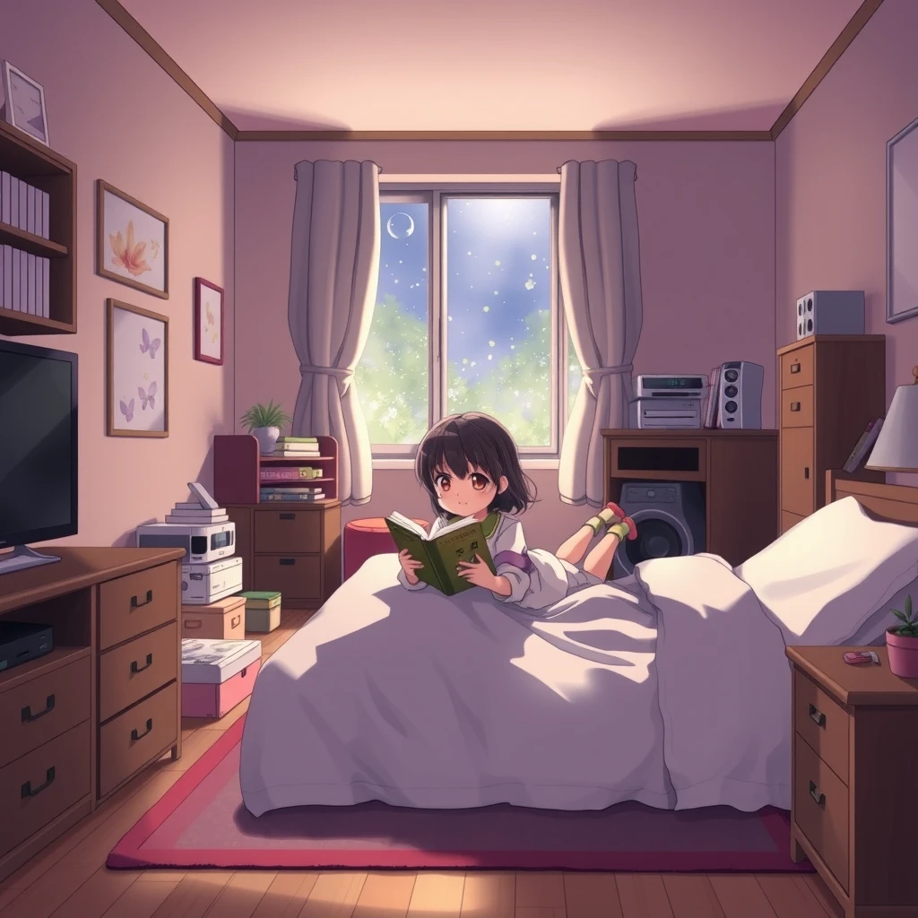 "Makoto Shinkai's style, high definition, a little girl lying in bed reading a book in a room with a window, a TV, and a lot of furniture."