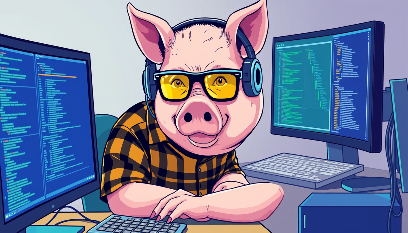 A tech-savvy pig coder, wearing yellow-tinted glasses and sleek noise-cancelling headphones, hunches over a cutting-edge multi-monitor setup. The anthropomorphic pig exudes focus, typing furiously. Dressed in a plaid t-shirt.