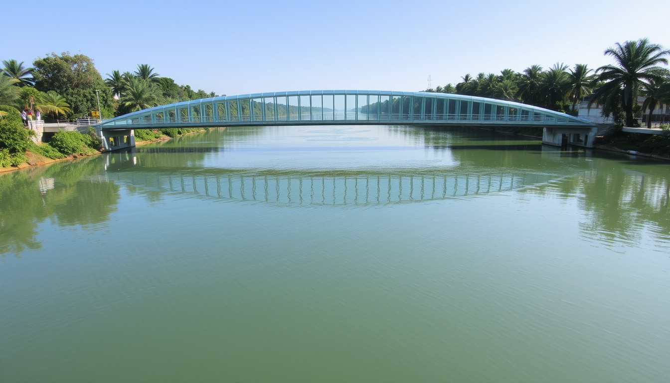 A serene river scene with a glass-bottomed bridge crossing over it.