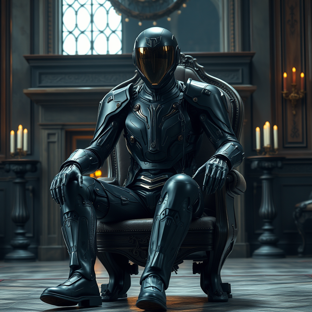 An ultrarealistic photograph of a futuristic full-body Victorian-style power suit, made of matte black rusted metal and polymer, with a full crystal hull, designed for a man, featuring visible wires, sitting in a chair in an imposing fireplace, modern minimalist, elegant, dystopian, mysterious, godlike, scary, in a large Victorian-era room with candle lights, 8k.