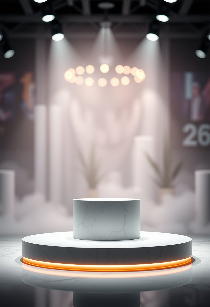 Amazing podium product stand or display with blurred background and cinematic light, high detail. - Image